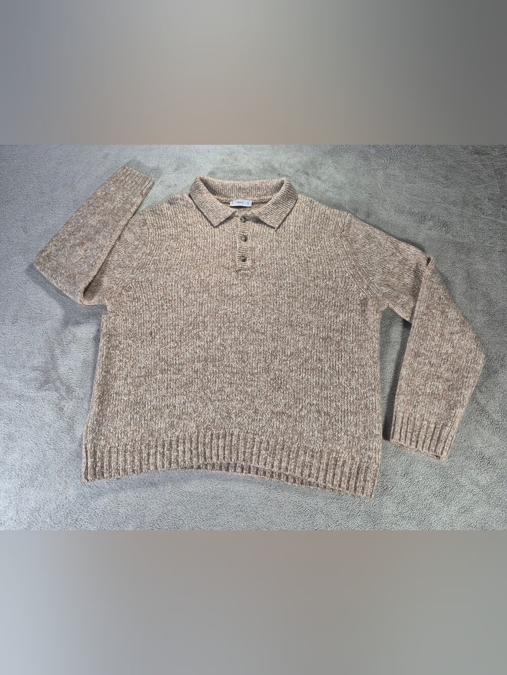 Mango Women's Beige Knit Polo Sweater Log Sleeve Sz XL 100% Wool